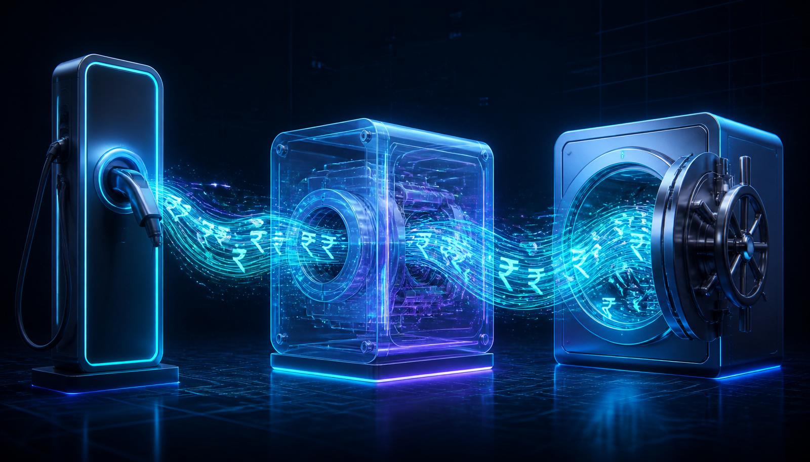 Rupee flowing from an EV charger through the PixellEnergy settlement engine directly into the CPO bank vault